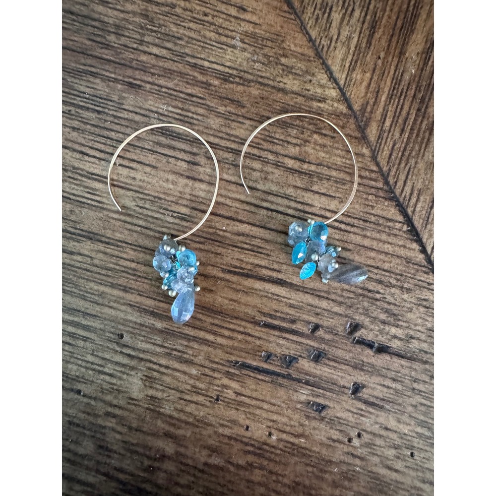 Blue Apatite & Labradorite Gemstone Cluster Gold Tone Hoop Earrings